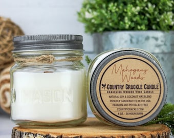 Mahogany Woods | Wooden Wick Natural Soy and Coconut Wax Candle | 30 Hour | Crackling Wick | Mason Jar Candles