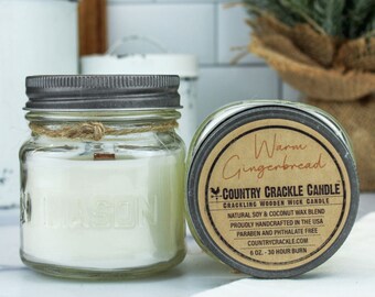 Warm Gingerbread | Wooden Wick Natural Soy and Coconut Wax Candle | 30 Hour | Crackling Wick | Mason Jar Candles