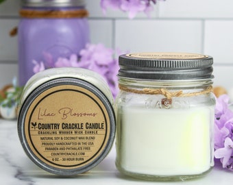 Lilac Blossoms | Wooden Wick Natural Soy and Coconut Wax Candle | 30 Hour | Crackling Wick | Mason Jar Candles