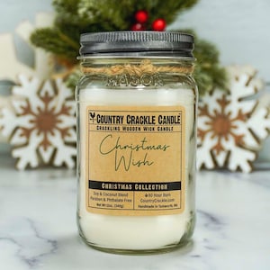 Christmas Wish | Wooden Wick Natural Soy and Coconut Wax Candle | 80 Hour | Crackling Wick | Mason Jar Candles