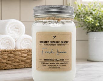 Fresh Linen Candle: Natural Soy Coconut Wax, Crackling Wooden Wick