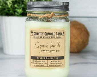 Green Tea & Lemongrass Candle: Soy Coconut Wax, Wooden Wick (80 Hour)
