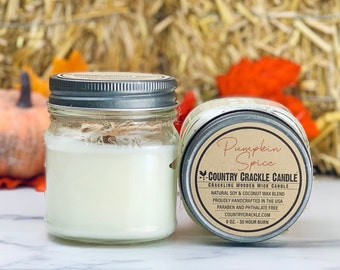 Pumpkin Spice | Wooden Wick Natural Soy and Coconut Wax Candle | 30 Hour | Crackling Wick | Mason Jar Candles | Farmhouse-Inspired Candle