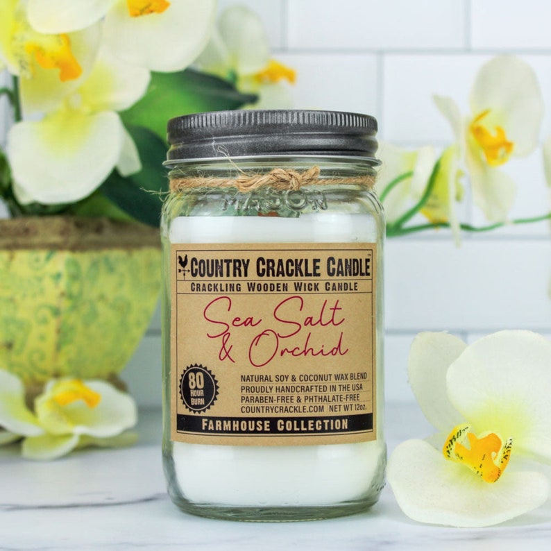 Sea Salt & Orchid Wooden Wick Natural Soy and Coconut Wax Candle 80 Hour Crackling Wick Mason Jar Candles image 1