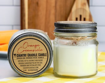 Orange Creamsicle | Wooden Wick Natural Soy and Coconut Wax Candle | 30 Hour | Crackling Wick | Mason Jar Candles