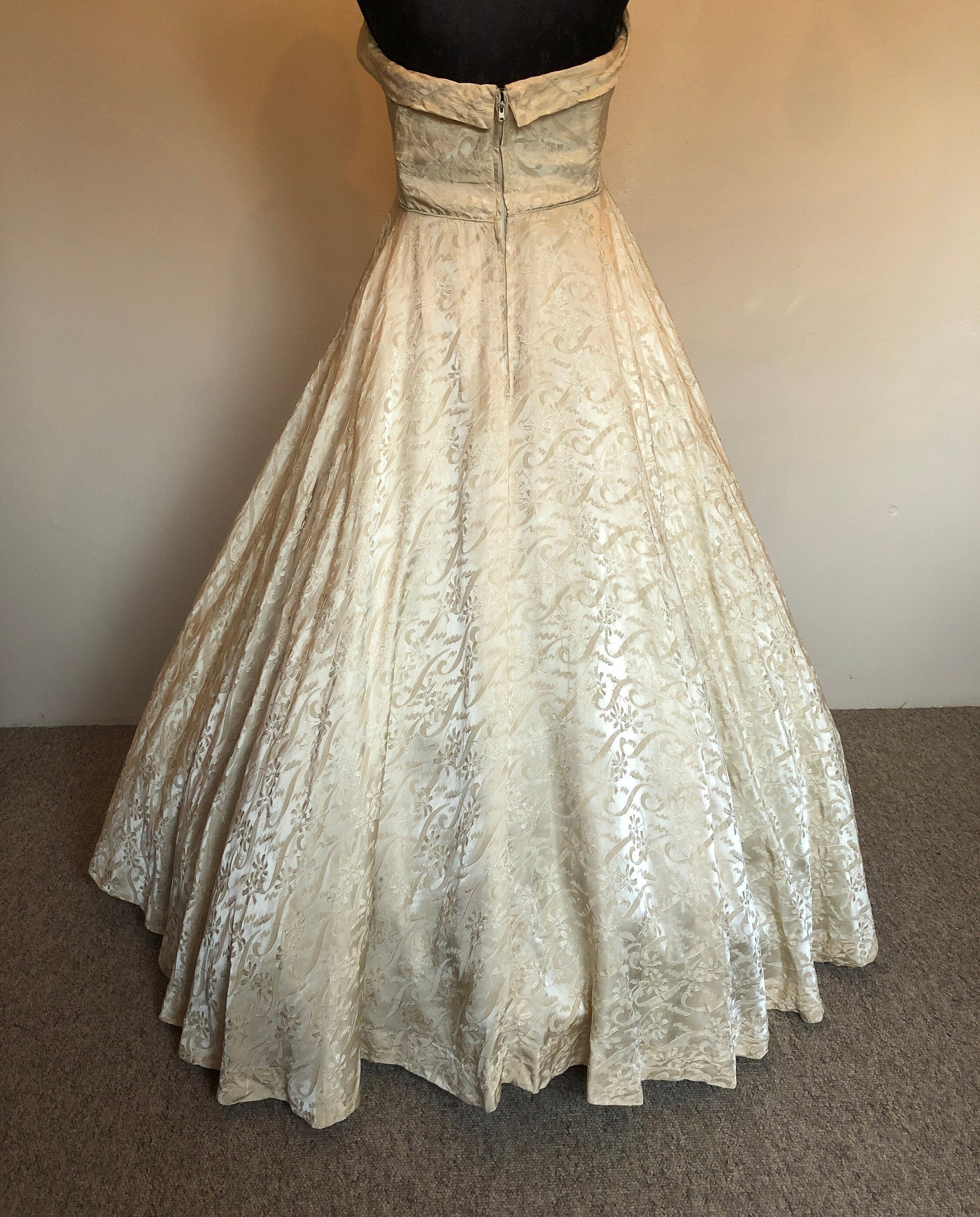 Vintage 1950s Champagne Damask Wedding Dress