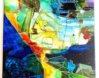 May include: Abstract painting on canvas with a vibrant color palette. The artwork features a mix of blues, greens, yellows, and purples, with white geometric lines overlaying the colors. The painting has a textured appearance, with visible brushstrokes and splatters.
