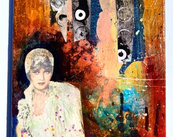 Original Art-Mixed Media Collage Painting-1920s actress-Acrylic Painted Collage on Canvas by Shannon Carleen Knight