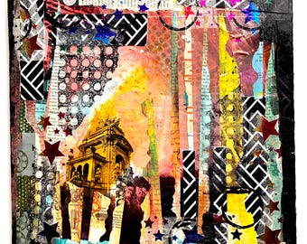May include: Abstract mixed media collage artwork featuring a yellow building with a black and white geometric pattern, red and blue stars, and a variety of colorful stripes and patterns.