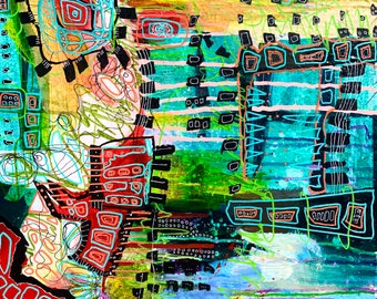 May include: Abstract painting with a mix of geometric shapes, lines, and dots in shades of green, blue, red, black, and white.