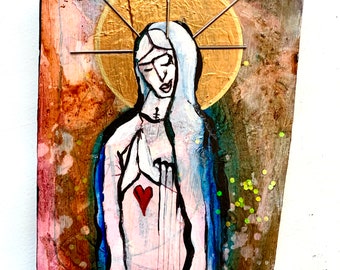 Original Art-Icon Inspired Painting on Jagged Wood Panel-Madonna Wall Art, Mixed Media Painting by Shannon Carleen Knight