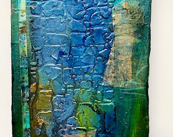 Original Art-Blue, Abstract, Mixed Media Painting by Shannon Carleen Knight-Acrylic, mixed media collage on salvaged pine panel-Gift