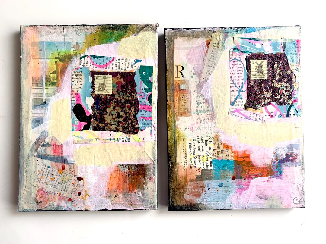 Mixed Media Collage Painting Set: Vintage Stamp & Painted Paper Collage ...