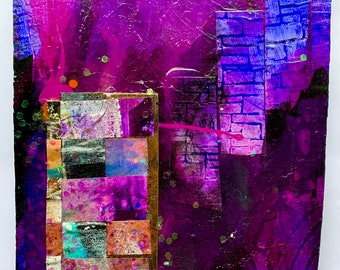 Original Art-Purple, Abstract Mixed Media Painting by Shannon Carleen Knight-Acrylic, paper collage, glitter on salvaged pine panel-Gift