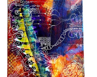 May include: Abstract mixed media painting with a vibrant color palette. The artwork features a blend of red, blue, yellow, and orange hues, accented with white line drawings and patterns. The composition includes geometric shapes and organic forms.