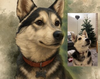 May include: A painted portrait of a dog with a black and white coat, wearing a red collar with a bone-shaped tag. The background features a blurred forest scene and a smaller inset photo of the dog.