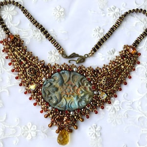 Bead embroidered necklace with the Swarovski crystals pearls bead embroidery seed beaded jewelry handmade