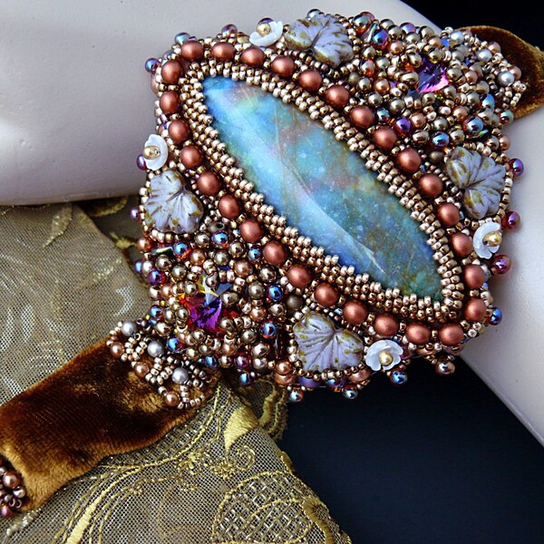 Handmade beadembroidered cuff bracelet with the Swarovski crystals and silk velvet jewelry  beadembroidery International Beadweavers INBW