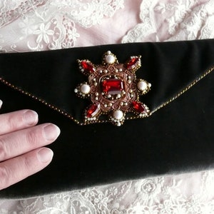 Bolso de mano de noche suave bordado con cuentas o billetera grande, cristales Swarovski, terciopelo de seda, bordado de cuentas hecho a mano, ENVÍO GRATIS