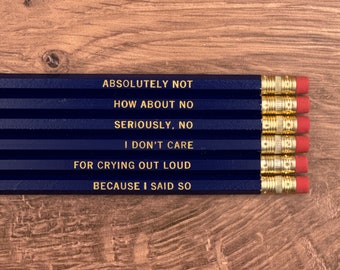 Things Moms and Dads Say - Set of 6 Funny Pencils - Stamped Pencils, Engraved Pencils, Pencil Quotes, Sarcastic Gift, Dry Humor