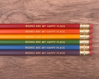 Books are My Happy Place -  Set of 6 Foil Stamped Pencils - Book lover gift, pencil set, grad gift literary stamped pencils gift for readers