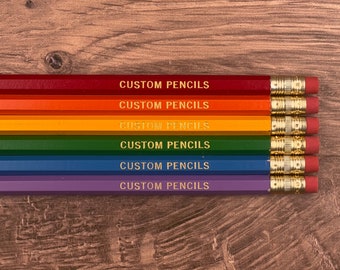 Rainbow Personalized Pencil Set - 6 Custom Pencils Engraved with Foil Stamped Gift for Teachers and Students Unique Stocking Stuffer