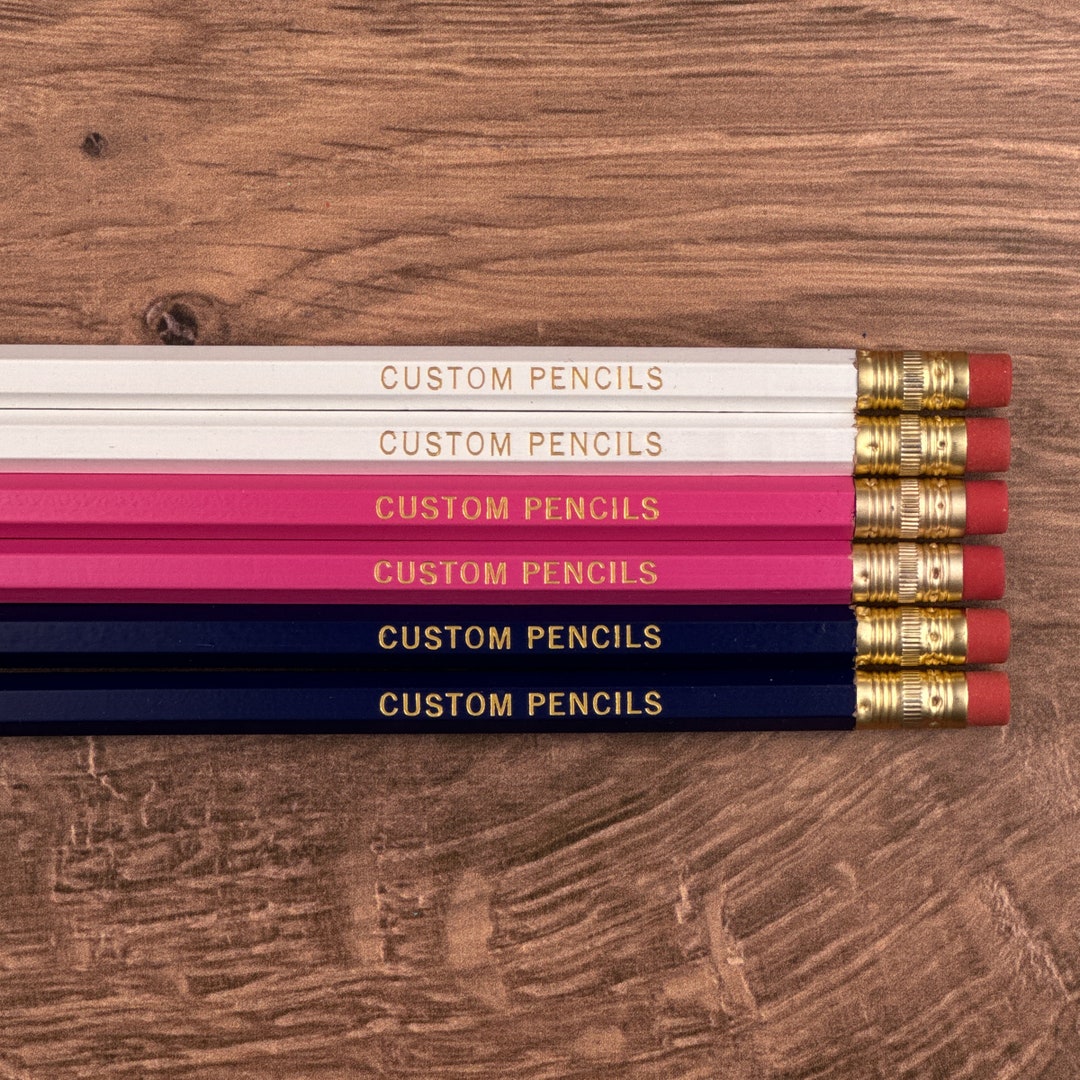 Navy, Pink, and White Set of 6 Personalized Pencils Engraved Pencil