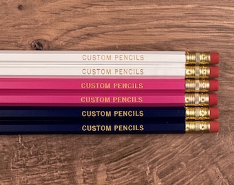 Navy, Pink, and White Set of 6 Personalized Pencils - Engraved Pencil Gift for Branding, Teens, Teachers, Grad Gift - Custom Pencil Gift