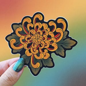 Pegatina de crisantemo naranja, pegatina floral, arte japonés, mamá japonesa, pegatina de mamá, arte flash de tatuaje tradicional, pegatina punk, arte flash
