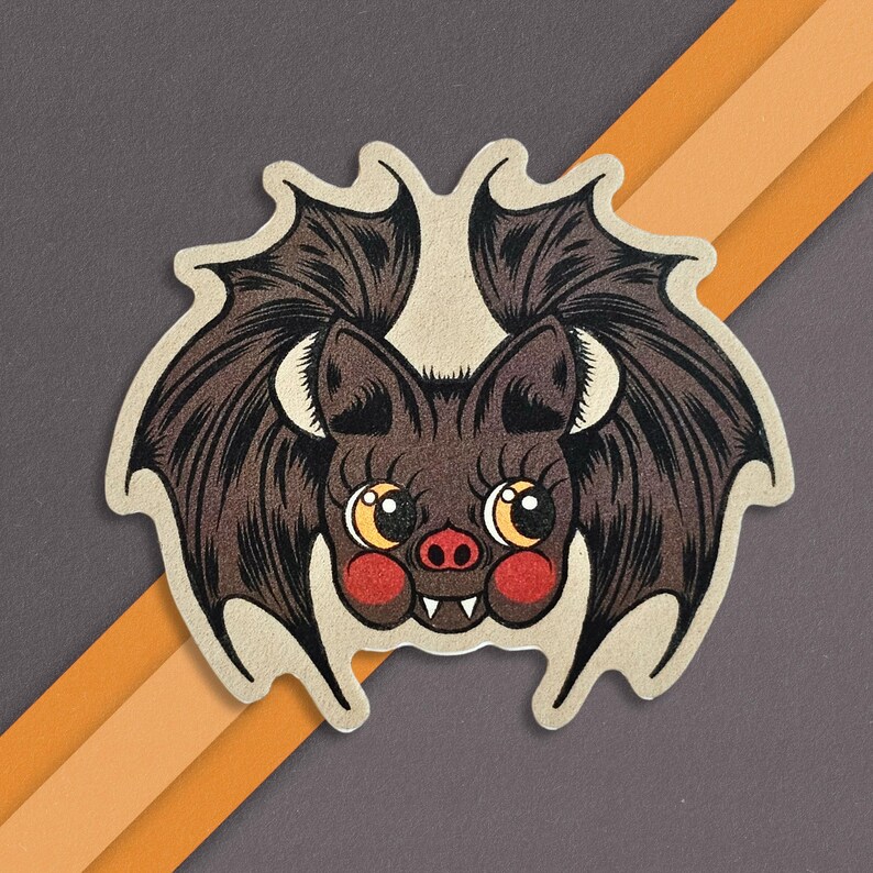 May include: A brown bat with large, black wings and big, round eyes. The bat has a small, pink nose and a toothy grin. The bat is drawn in a cartoon style and has a whimsical, cute appearance.