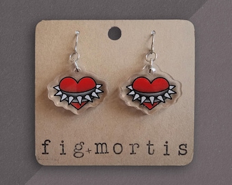 Spiked Heart Earrings, Red Heart Earrings, Acrylic Earrings, Stainless Steel, Nickel Free Earrings, Statement Earrings, Love Heart Earrings