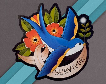 Cancer Survivor Sparrow Sticker, Awareness Ribbon, Cancer Sucks, Cancer Survivor Gift, Cancer Fighter Gift, Traditional Tattoo Flash Art