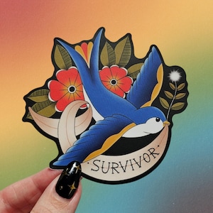 Sticker moineau survivant du cancer, ruban de sensibilisation, le cancer suce, cadeau survivant du cancer, cadeau combattant du cancer, tatouage traditionnel Flash Art