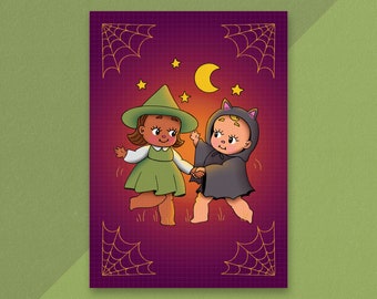 Halloween Dancing Kewpies Postcard, Halloween Kewpie, Spooky Cute Art Print, Cute Halloween Art Prints, Kewpie Doll Art, Creepy Cute Art
