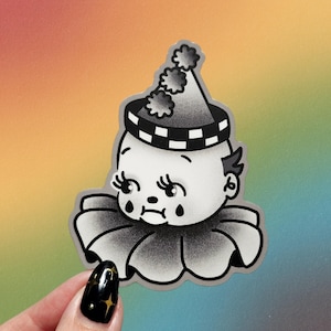 Pegatina de payaso triste de Kewpie, pegatinas de Clowncore, circo retro, pegatinas espeluznantes, pegatinas para botellas de agua a prueba de agua, suministros para álbumes de recortes