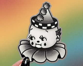 Sad Kewpie Clown Sticker, Clowncore Stickers, Retro Circus, Creepy Stickers, Water Bottle Sticker Waterproof, Scrapbook Supplies