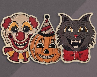 Vintage Halloween Stickers, Spooky Characters, Retro Decals