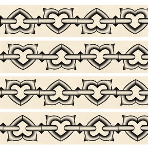 May include: A repeating horizontal pattern featuring a series of interconnected heart-shaped links in a metallic grey gradient. Each heart is joined by a straight, cylindrical bar, creating a continuous chain design against a solid cream background.