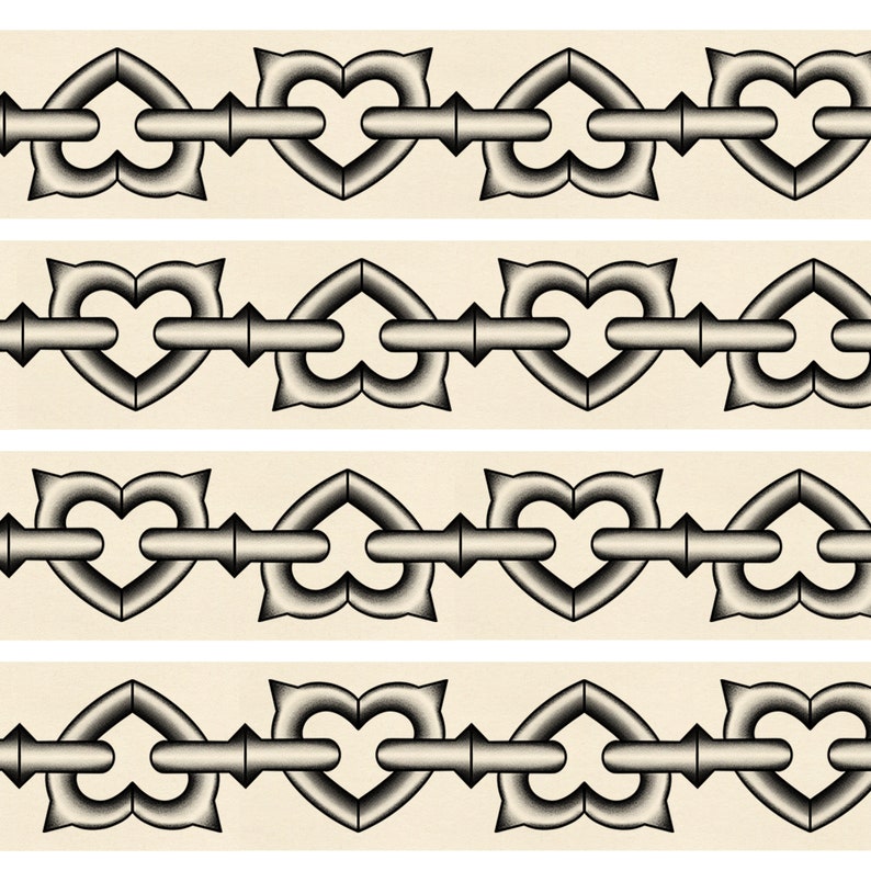 May include: A repeating horizontal pattern featuring a series of interconnected heart-shaped links in a metallic grey gradient. Each heart is joined by a straight, cylindrical bar, creating a continuous chain design against a solid cream background.