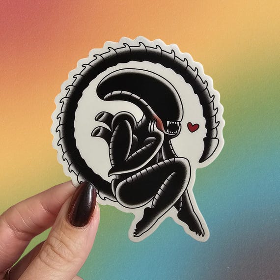 Alien Xenomorph Sticker,  Kawaii Alien Sticker, Adorable Sci-Fi Xenomorph, Sci-Fi Movie Fan Art, Traditional Tattoo Flash Art, Punk Stickers