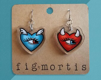 Angel and Devil Earrings, Heart Earrings, Acrylic Earrings, Stainless Steel, Nickel Free Earrings, Statement Earrings, Unique Earrings