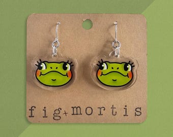 Green Frog Earrings, Amphibian Earrings, Acrylic Earrings, Stainless Steel, Nickel Free Earrings, Statement Earrings, Frog Lover Gifts