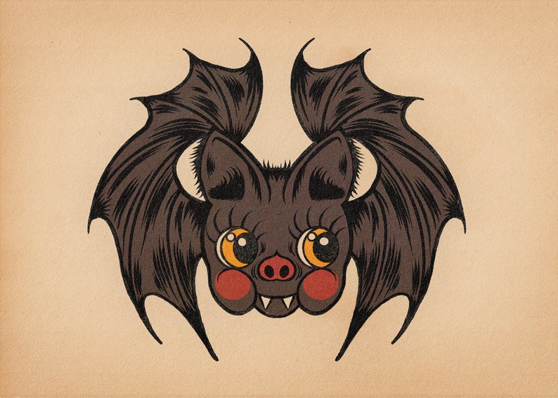 May include: A cartoon illustration of a bat with large, black wings and a cute, friendly face. The bat has large, round eyes with yellow pupils and red cheeks.