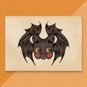 Postal de murciélago Kewpie de Halloween, Kewpie de Halloween, postal espeluznante y linda, postal linda de Halloween, arte de muñeca Kewpie, arte espeluznante y lindo