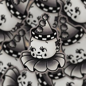 K&ouml;nnte beinhalten: Schwarzwei&szlig;-Illustration eines traurigen Clowns mit einem karierten Hut und einem R&uuml;schenkragen. Der Clown hat gro&szlig;e Augen und weint.