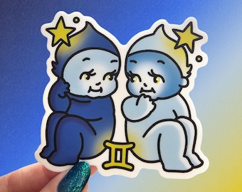 Gemini Zodiac Sticker, Retro Kewpie Tattoo Art Vinyl, Waterproof Astrology Sign Decal for Laptop or Water Bottle