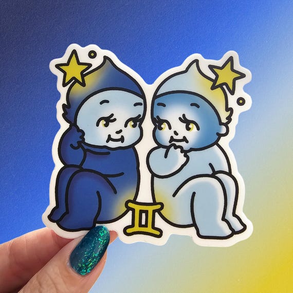 Gemini Zodiac Sticker, Retro Kewpie Tattoo Art Vinyl, Waterproof Astrology Sign Decal for Laptop or Water Bottle