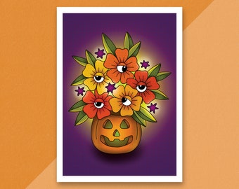 Halloween Pumpkin Bouquet Postcard, Halloween Bouquet, Spooky Cute Art Print, Halloween Art Print, Jack o Lantern Art, Creepy Cute Art