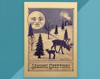 Seasons Greetings Postcard, 5x7 Art Print, Stationary Set, Christmas Art Print, Vintage Christmas Cards