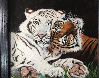 Two tigers oil painting 9x12 framed and pics of same embroidered